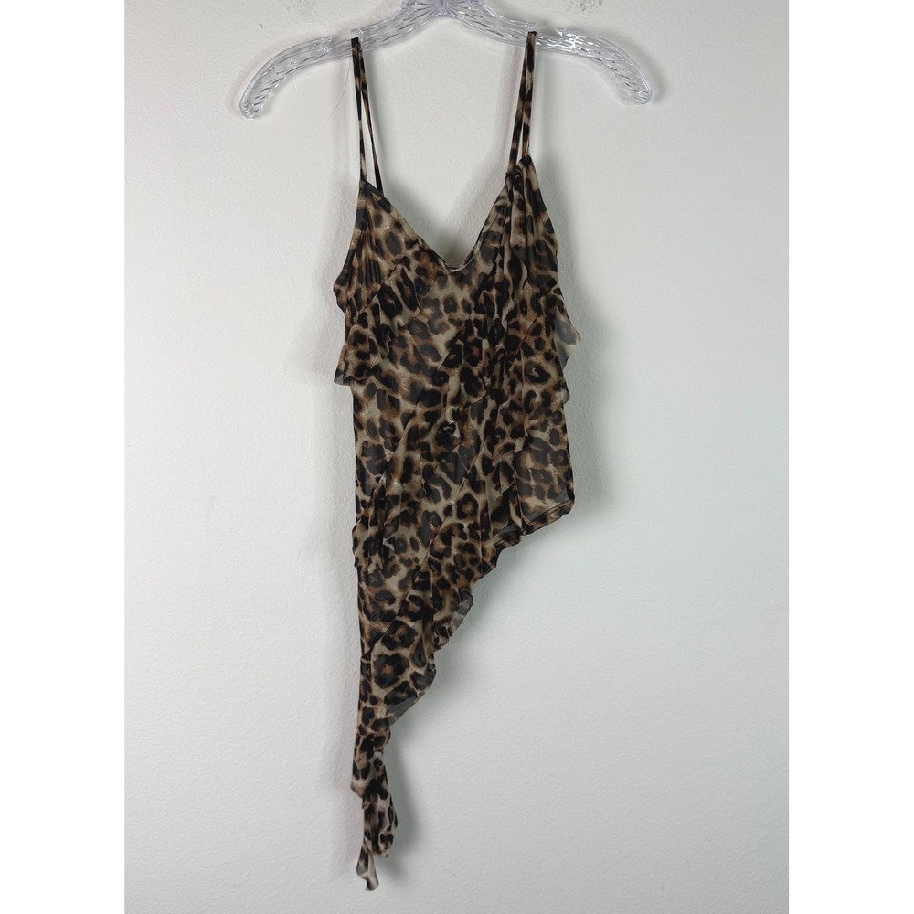 Honey & Sparkle Cami Top Womens S Leopard Ruffle Asymmetrical Mesh Tiered Tank